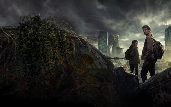 8K Ultra HD desktop wallpaper featuring characters from the TV show The Last of Us amidst a dark, post-apocalyptic cityscape overgrown with vegetation.