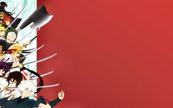 8K Ultra HD PC desktop wallpaper featuring Gabimaru and characters from the anime Hell's Paradise, set against a bold red background.