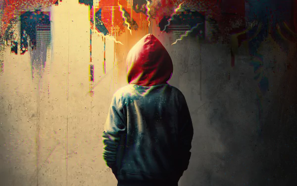 4K Ultra HD desktop wallpaper featuring a mysterious figure in a red hood from the movie Spider-Man: Across the Spider-Verse against a vibrant, abstract background.