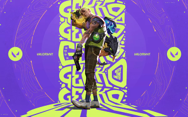 4K Ultra HD PC desktop wallpaper featuring Gekko from the video game Valorant, with vibrant purple and neon green colors and dynamic graphic elements.