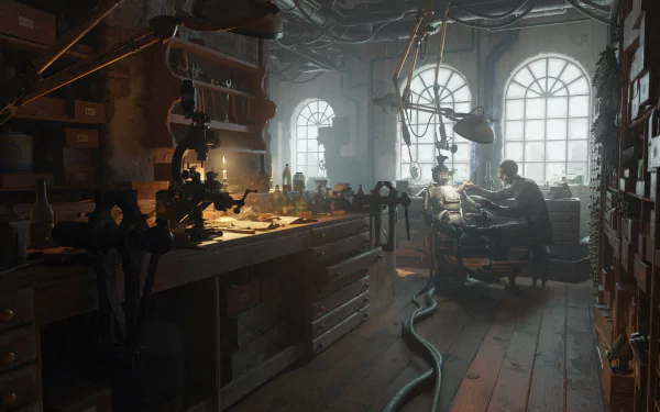 4K Ultra HD sci-fi desktop wallpaper featuring a detailed workshop with a humanoid robot and a person working together under soft, atmospheric lighting.