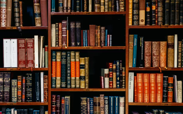 A 4K Ultra HD desktop wallpaper featuring a neatly arranged bookshelf filled with various man-made leather-bound and hardcover books.