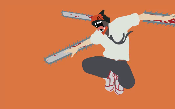 4K Ultra HD anime wallpaper featuring Denji from Chainsaw Man in mid-air with chainsaw arms against a solid orange background.