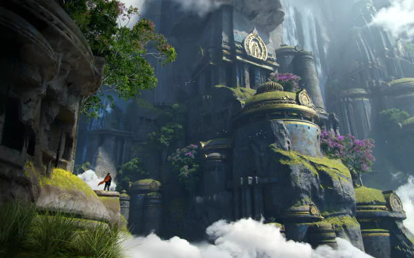 4K Ultra HD fantasy temple nestled among towering cliffs and lush greenery, bathed in soft sunlight breaking through clouds, creating a mystical, serene atmosphere.