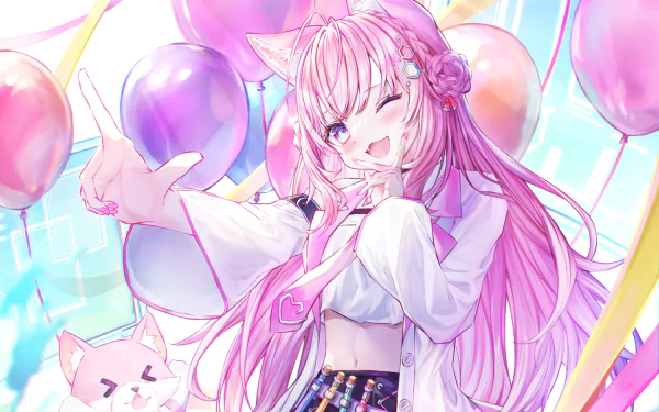 Hololive Hakui Koyori anime Virtual YouTuber winking, pink cat ears and flowing hair, reaching out amid pastel balloons and a cat plush — 2K Quad HD PC desktop wallpaper/background