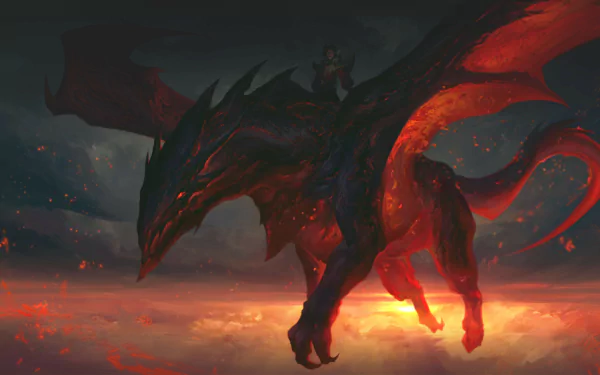 A fierce fantasy dragon with glowing red wings soars over a fiery landscape in this vivid 4K Ultra HD PC desktop wallpaper and background.