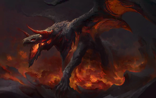 A fierce fantasy dragon with glowing red eyes and fiery wings soars over a blazing, volcanic landscape in this 4K Ultra HD PC desktop wallpaper.