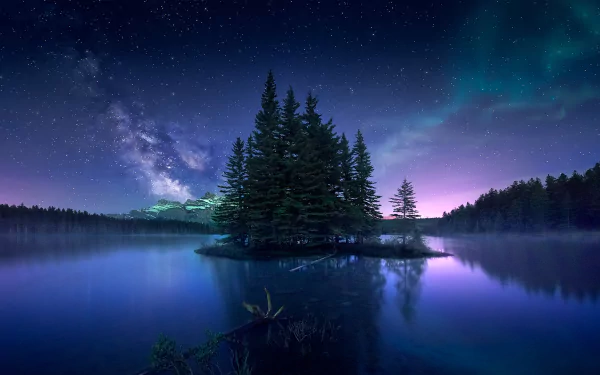 HD PC desktop wallpaper — night nature scene at Two Jack Lake: a tree-covered island reflected in calm water under the Milky Way and a faint aurora.