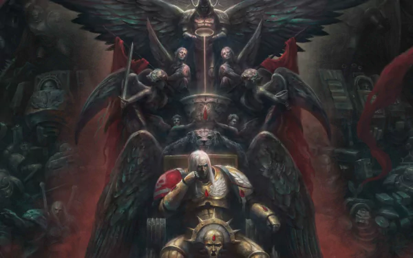 HD Warhammer 40k Space Marine in dark, gothic armor with wings, standing before a throne surrounded by skulls and banners in a dramatic video game wallpaper.