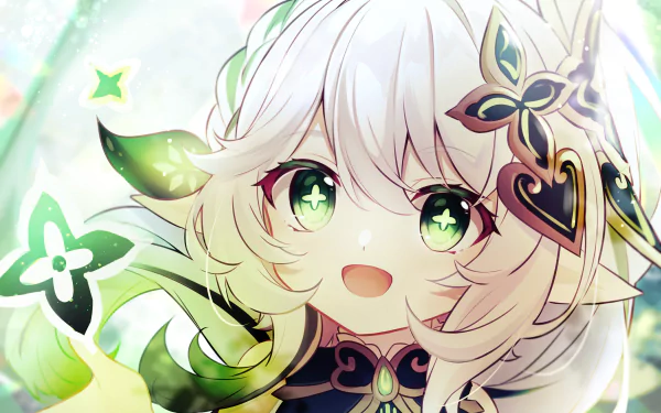 Nahida (Genshin Impact) smiling with glowing green eyes and floral motifs - HD PC desktop wallpaper/background featuring the video game character from Genshin Impact.