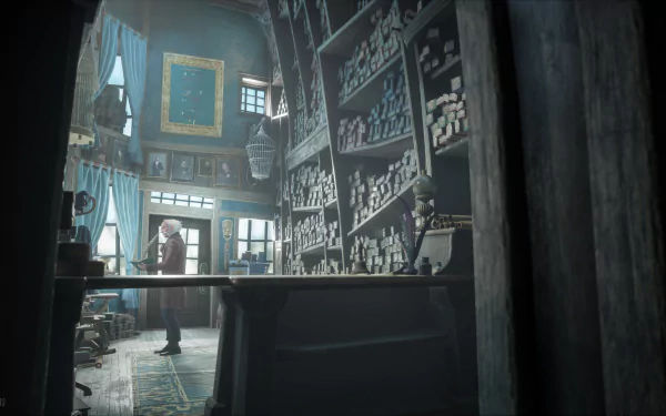 4K Ultra HD PC desktop wallpaper from the video game Hogwarts Legacy: dim potion shop interior with wall-to-ceiling shelves of bottles, a counter, and a robed figure by a window.