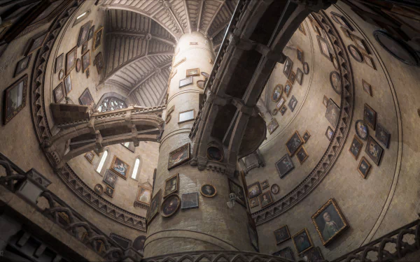 Hogwarts Legacy video game 4K Ultra HD PC wallpaper: upward view inside a circular portrait-gallery tower with spiral staircases, wooden balconies and framed portraits lining the stone walls.