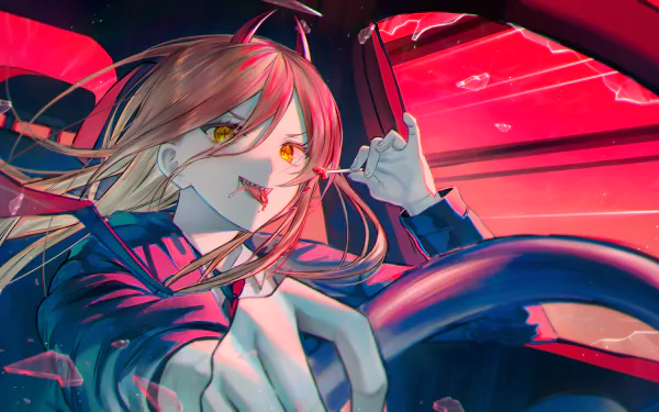 A 4K Ultra HD wallpaper featuring Power from Chainsaw Man, depicted with vibrant colors and dynamic expression while driving, capturing the action-packed essence of the anime.