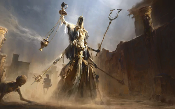 Dark hooded creature towering over a desolate city, holding scales and tridents with chained skulls; dramatic 4K Ultra HD PC desktop wallpaper/background in gritty fantasy style.