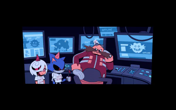 HD PC desktop wallpaper featuring Doctor Robotnik, Metal Sonic, and Sage from Sonic the Hedgehog inside a control room with monitors and tech equipment.