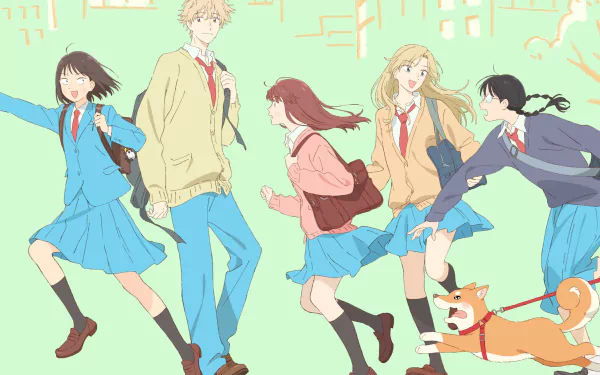 HD PC desktop wallpaper featuring Makoto Kurume, Yuzuki Murashige, Mika Egashira, Sousuke Shima, and Mitsumi Iwakura from the anime Skip and Loafer.