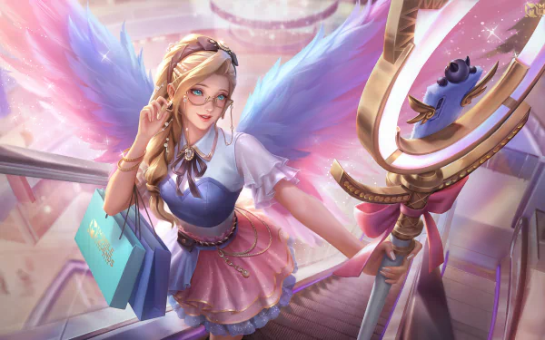 HD PC desktop wallpaper of Rafaela (Mobile Legends: Bang Bang), a video game angelic healer with pink wings, staff and a shopping bag set against a soft pastel cityscape background.