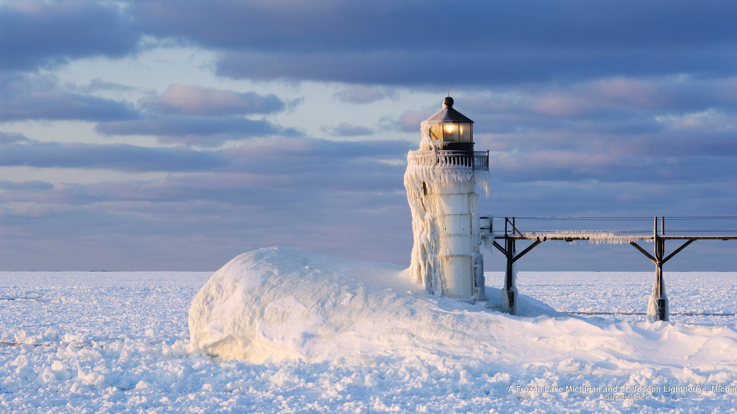 St Joseph North Pier Lighthouse on a Frozen Lake Michigan