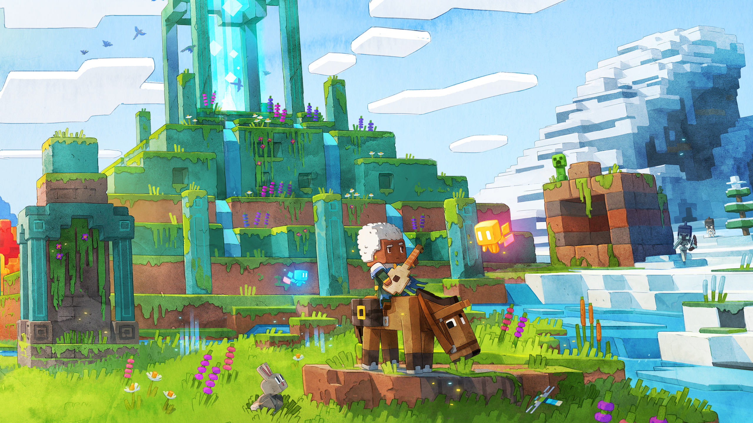 Minecraft Legends HD Desktop Wallpaper featuring lush landscapes and a character riding a pig.