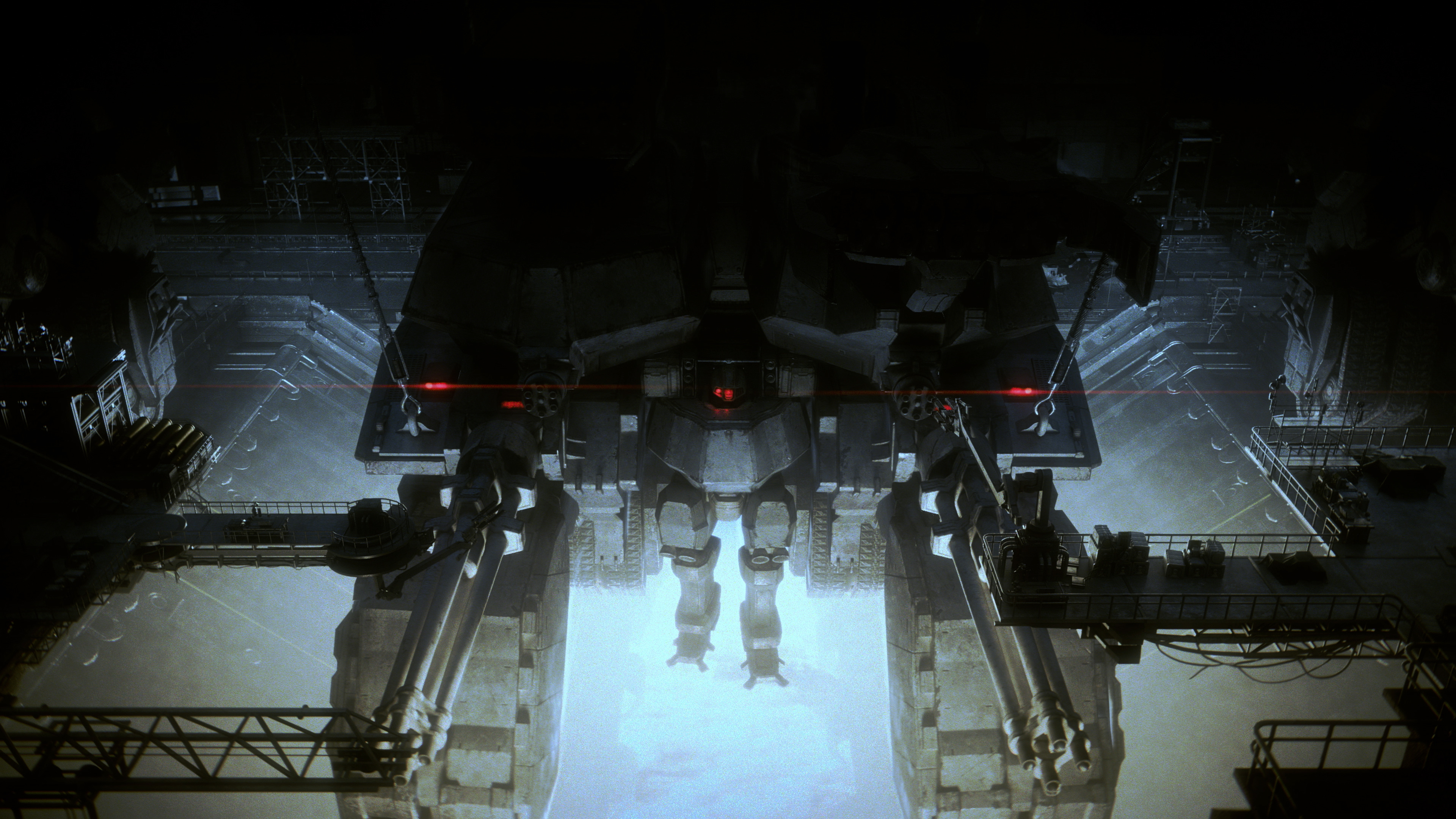 HD wallpaper featuring a mech from Armored Core VI: Fires of Rubicon, looming in a dark, futuristic hangar.