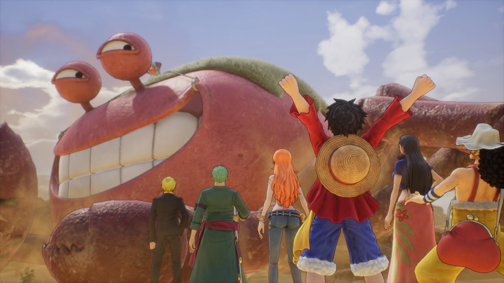 HD desktop wallpaper from One Piece Odyssey featuring the main characters facing a giant creature under a cloudy sky.