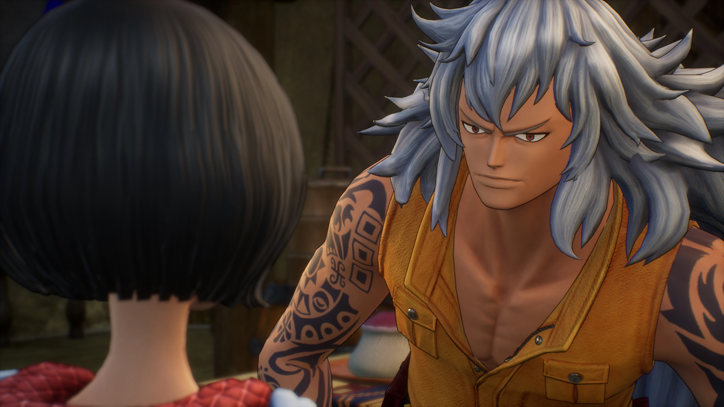 HD desktop wallpaper from the video game One Piece Odyssey, featuring a detailed close-up of a character with blue-gray hair and tribal tattoos.