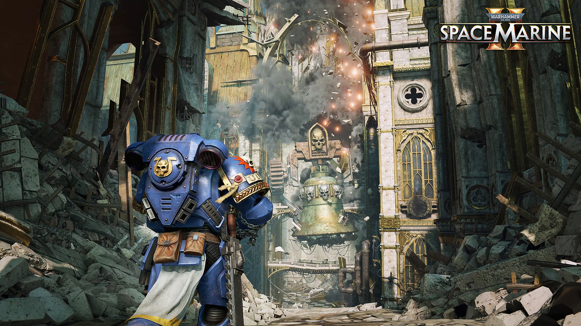 HD desktop wallpaper featuring a Space Marine from Warhammer 40K: Space Marine 2, standing amidst a battle-scarred gothic scenery.
