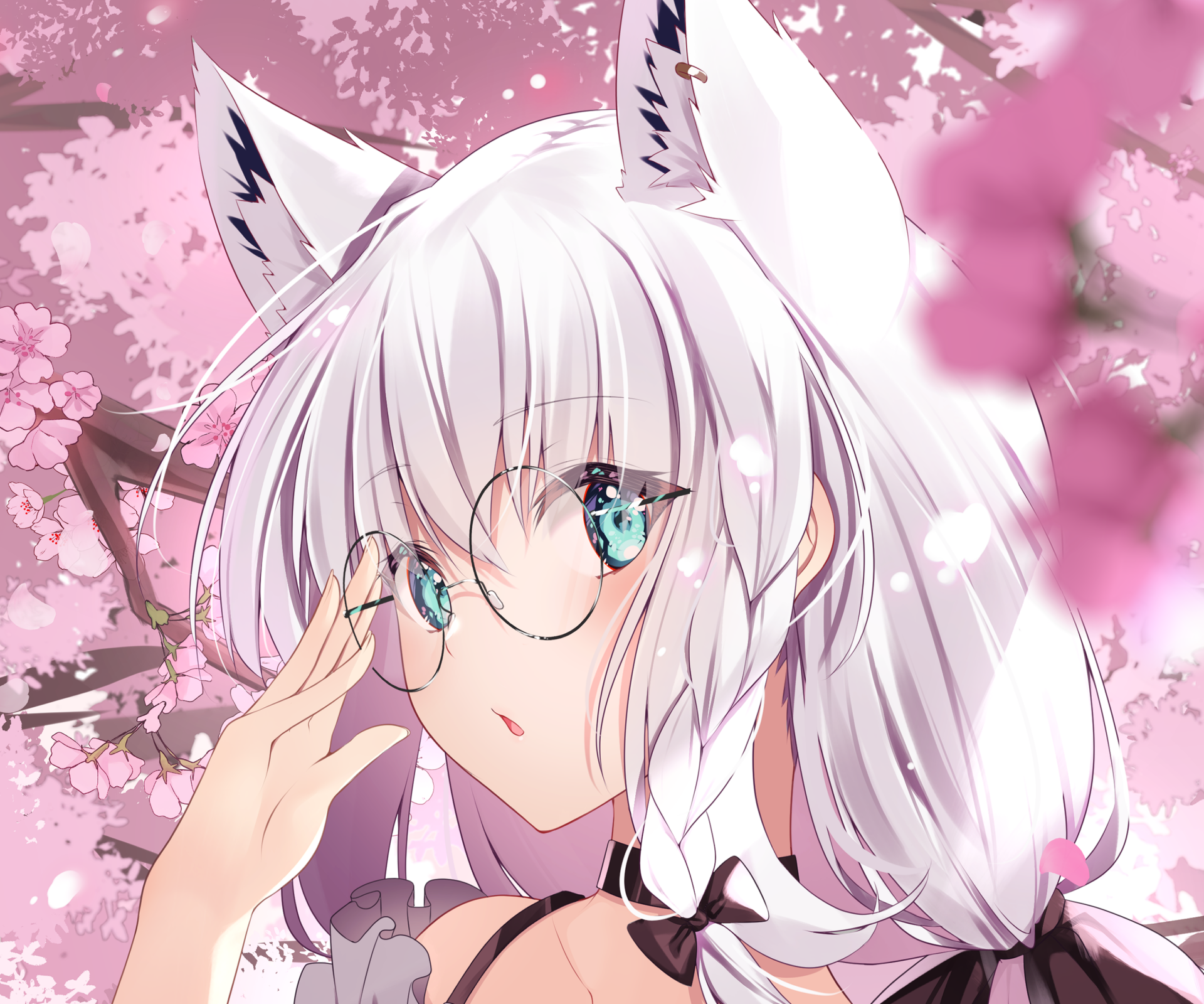 HD anime-style desktop wallpaper featuring Shirakami Fubuki, a white-haired virtual YouTuber from hololive, surrounded by pink cherry blossoms.