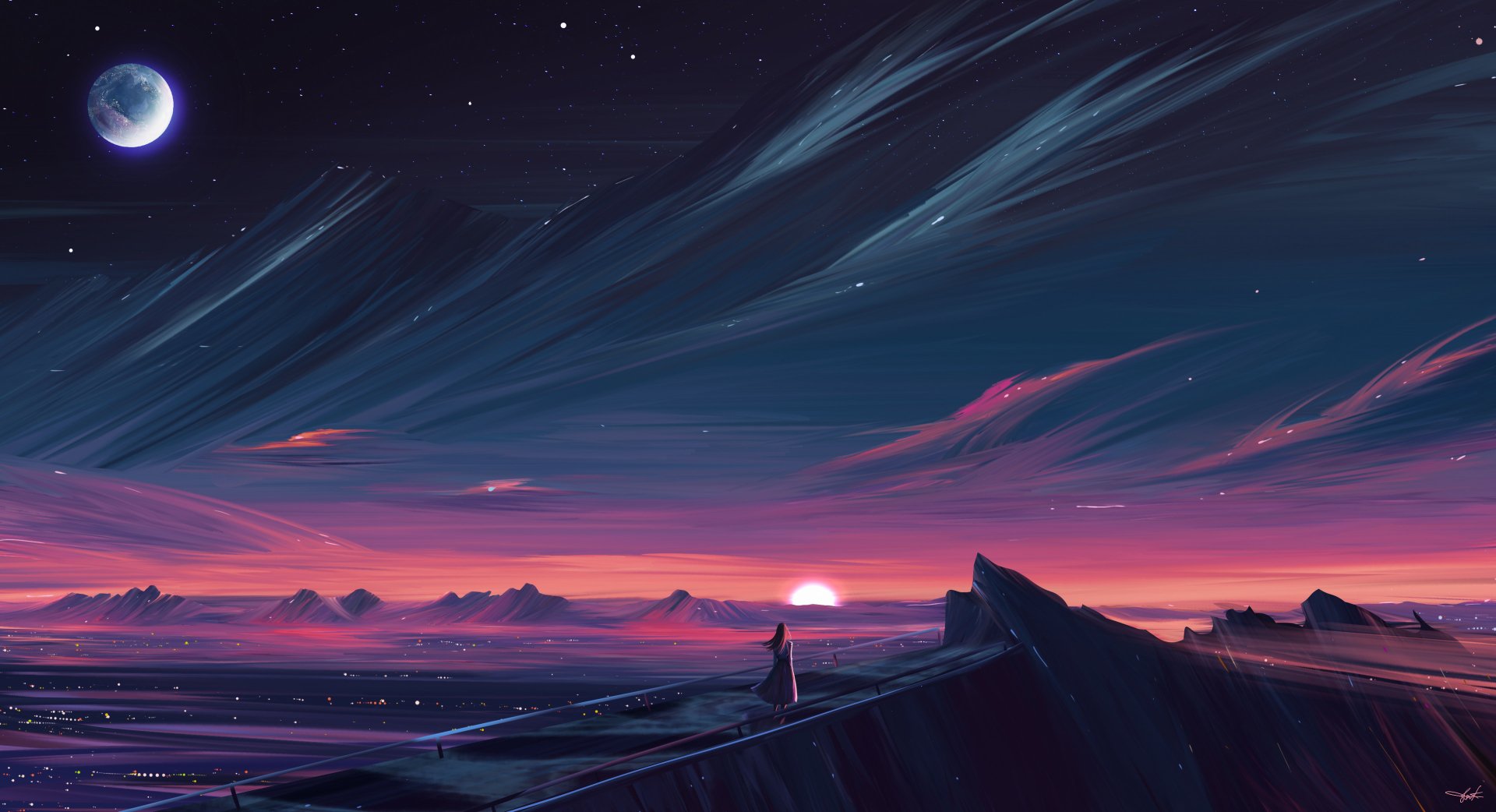 A vibrant fantasy landscape at sunset under a starry sky with a glowing moon, featuring dramatic clouds and rocky terrain in HD quality for a PC desktop wallpaper.
