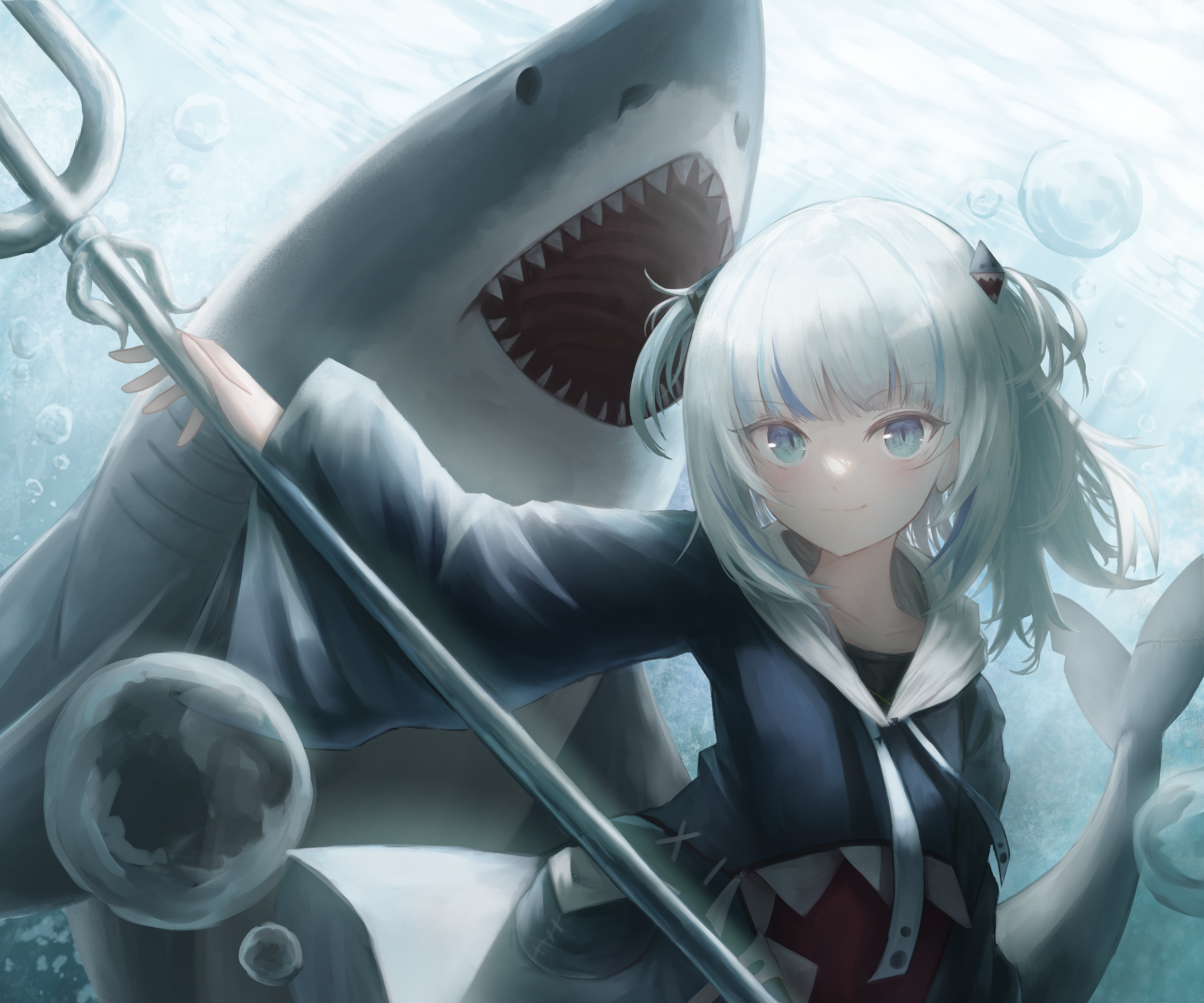HD desktop wallpaper featuring Gawr Gura, the hololive Virtual YouTuber, depicted in detailed anime style with an oceanic, shark-themed background.