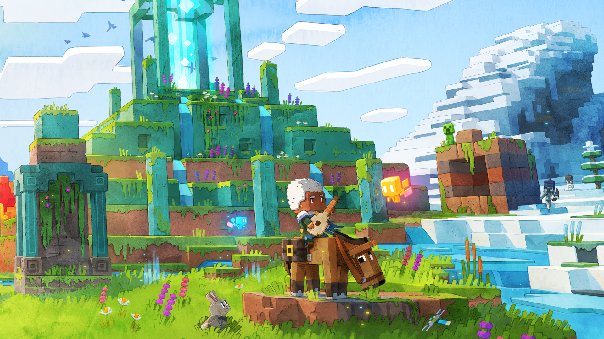 HD desktop wallpaper from Minecraft Legends featuring a vibrant, stylized landscape with a character riding a horse near a luminous tower.