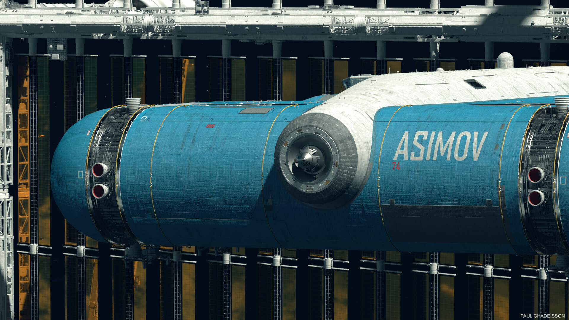 HD desktop wallpaper featuring a detailed sci-fi spaceship named Asimov, docked in a space station with intricate structures.