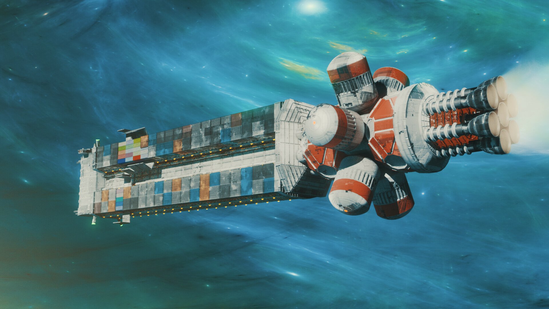 HD desktop wallpaper featuring a detailed sci-fi spaceship traveling through a vibrant, cosmic nebula.