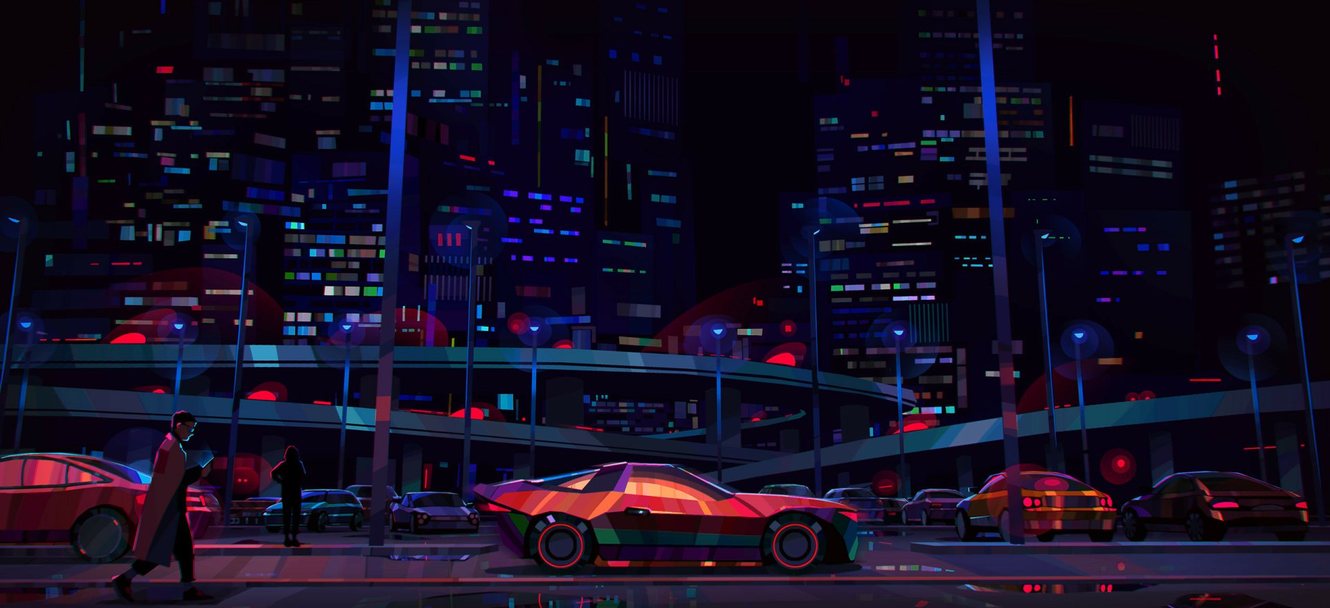 HD desktop wallpaper from the video game Tenet of The Spark, featuring a futuristic cityscape at night with vibrant neon lights and a sleek red sports car.