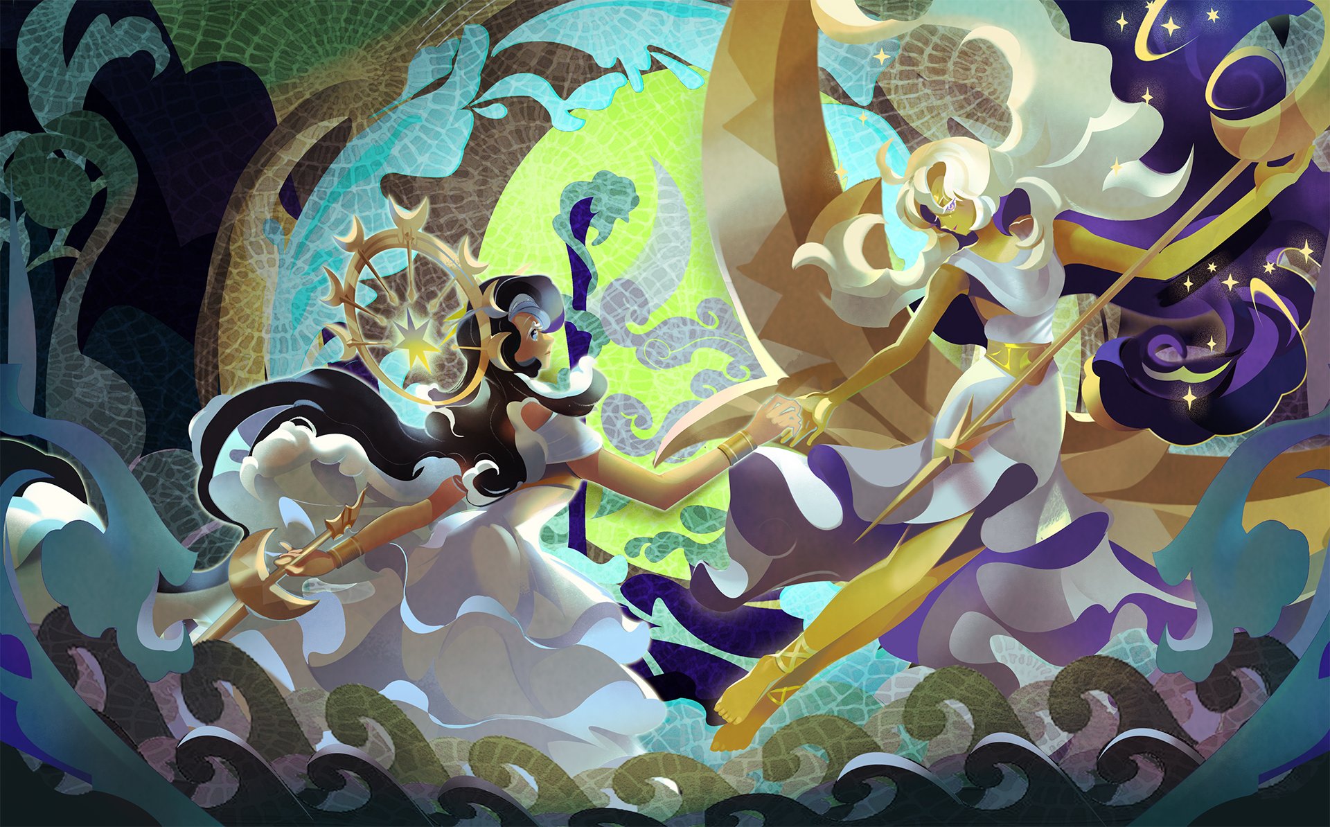 HD PC wallpaper featuring Sea Fairy Cookie and Moonlight Cookie from the video game COOKIE RUN: KINGDOM in a dynamic, colorful fantasy scene.