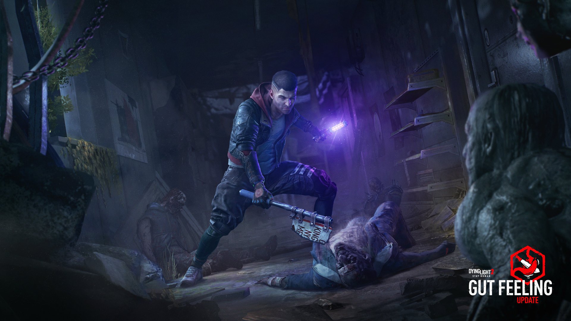 4K Ultra HD PC desktop wallpaper of the video game Dying Light 2: Stay Human — a survivor grips a glowing purple orb and blade over a fallen infected in a ruined, moonlit cityscape.