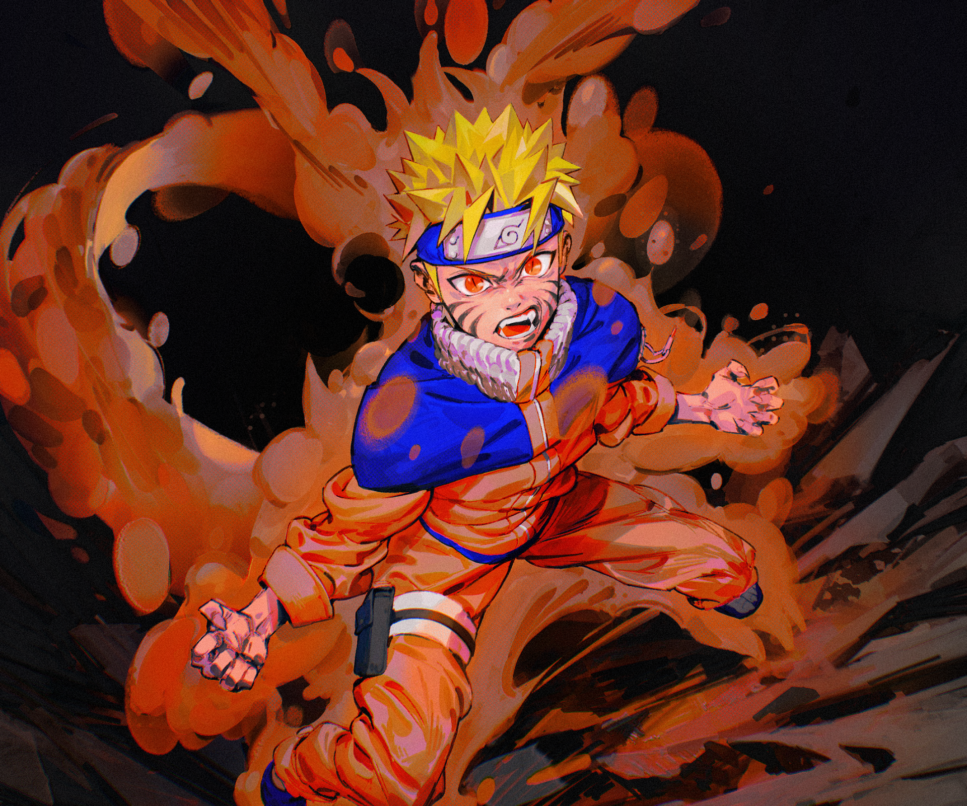 HD PC desktop wallpaper featuring Naruto Uzumaki from the anime Naruto, depicted in dynamic action with swirling orange energy effects.