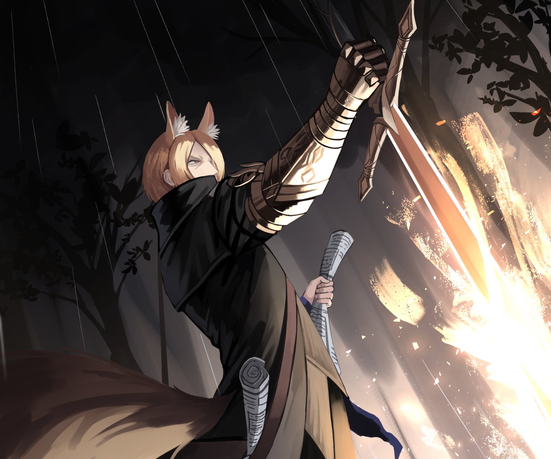 HD PC desktop wallpaper of Arknights character Młynar: cloaked, fox-eared warrior raising a glowing blade amid rain, sparks and a shadowy forest.