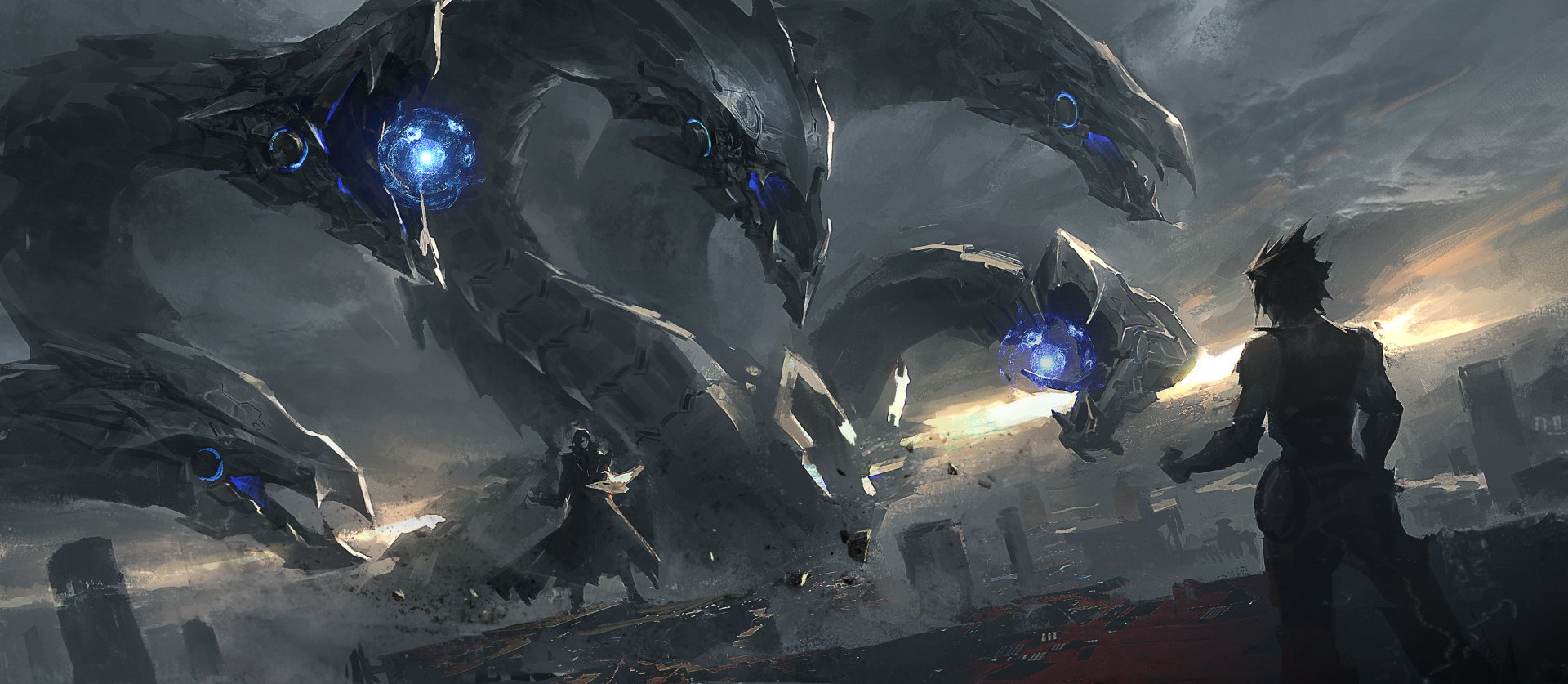 A dynamic 4K Ultra HD wallpaper featuring a dramatic scene from Yu-Gi-Oh!, showcasing towering mechanical dragons against a dark, stormy backdrop.