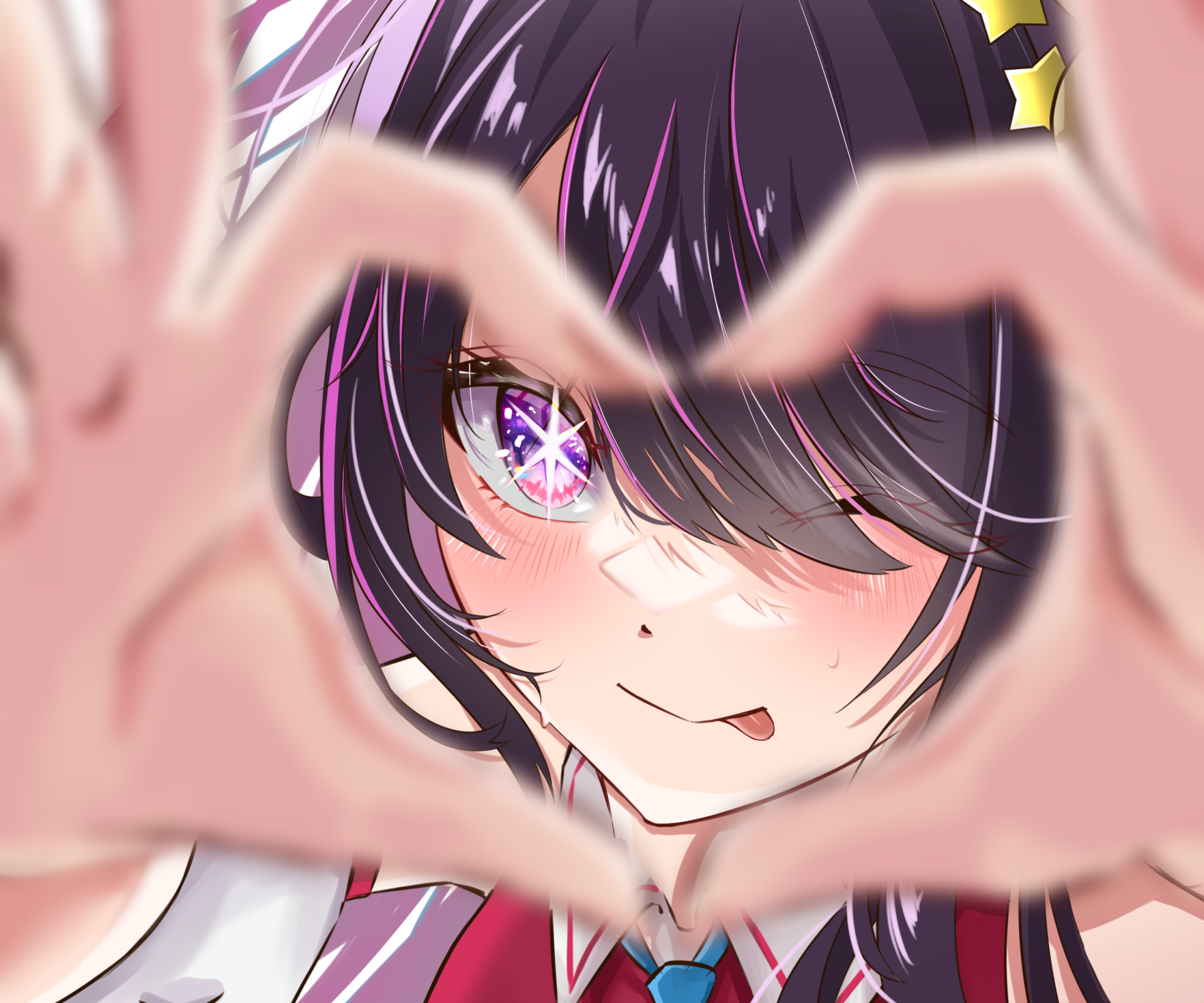 HD anime desktop wallpaper featuring Ai Hoshino from Oshi no Ko, showcasing a close-up with vibrant eyes and hands forming a heart shape.