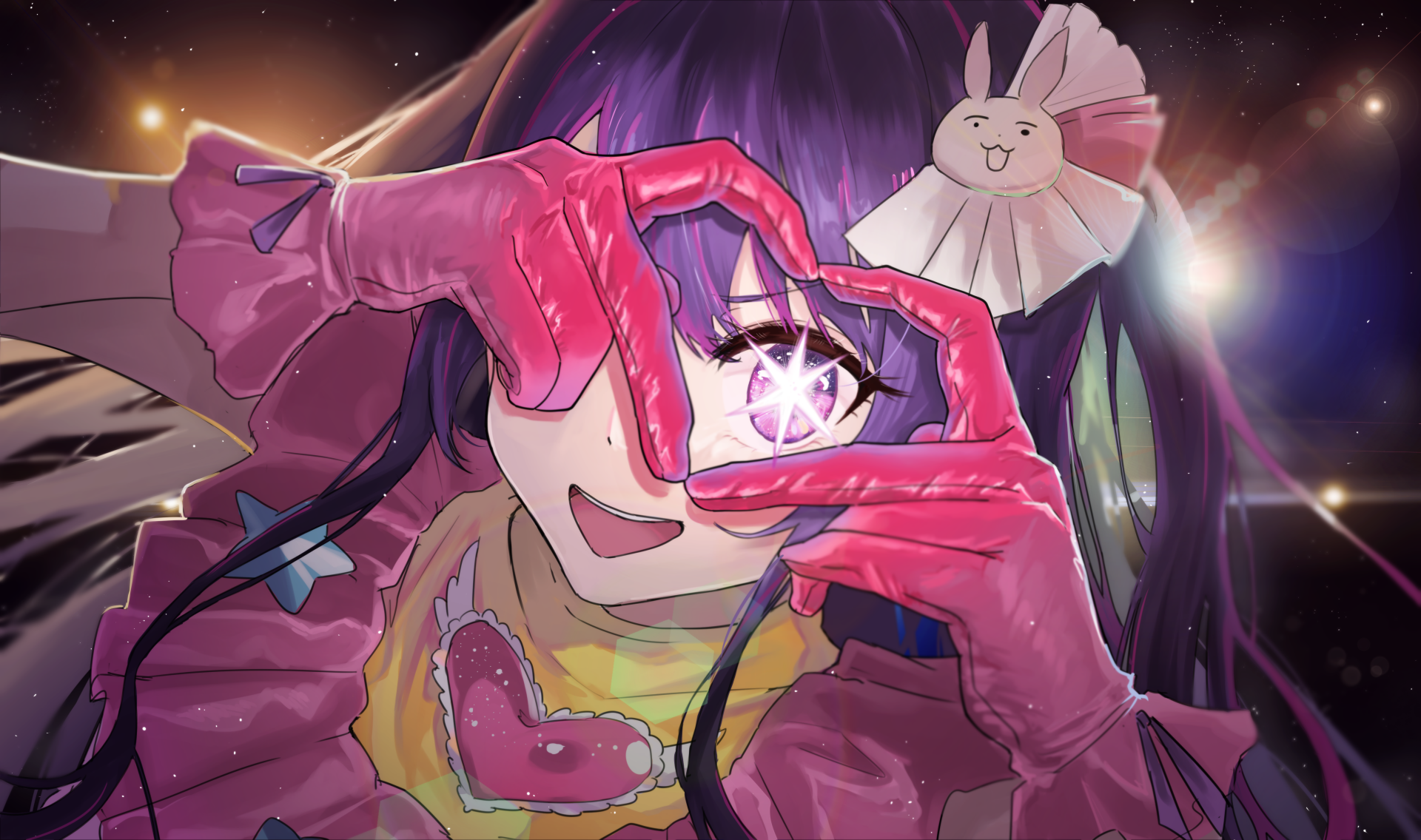 Ai Hoshino from Oshi no Ko in vibrant anime style, highlighted by glowing effects and vivid colors, presented as a 4K Ultra HD PC desktop wallpaper.