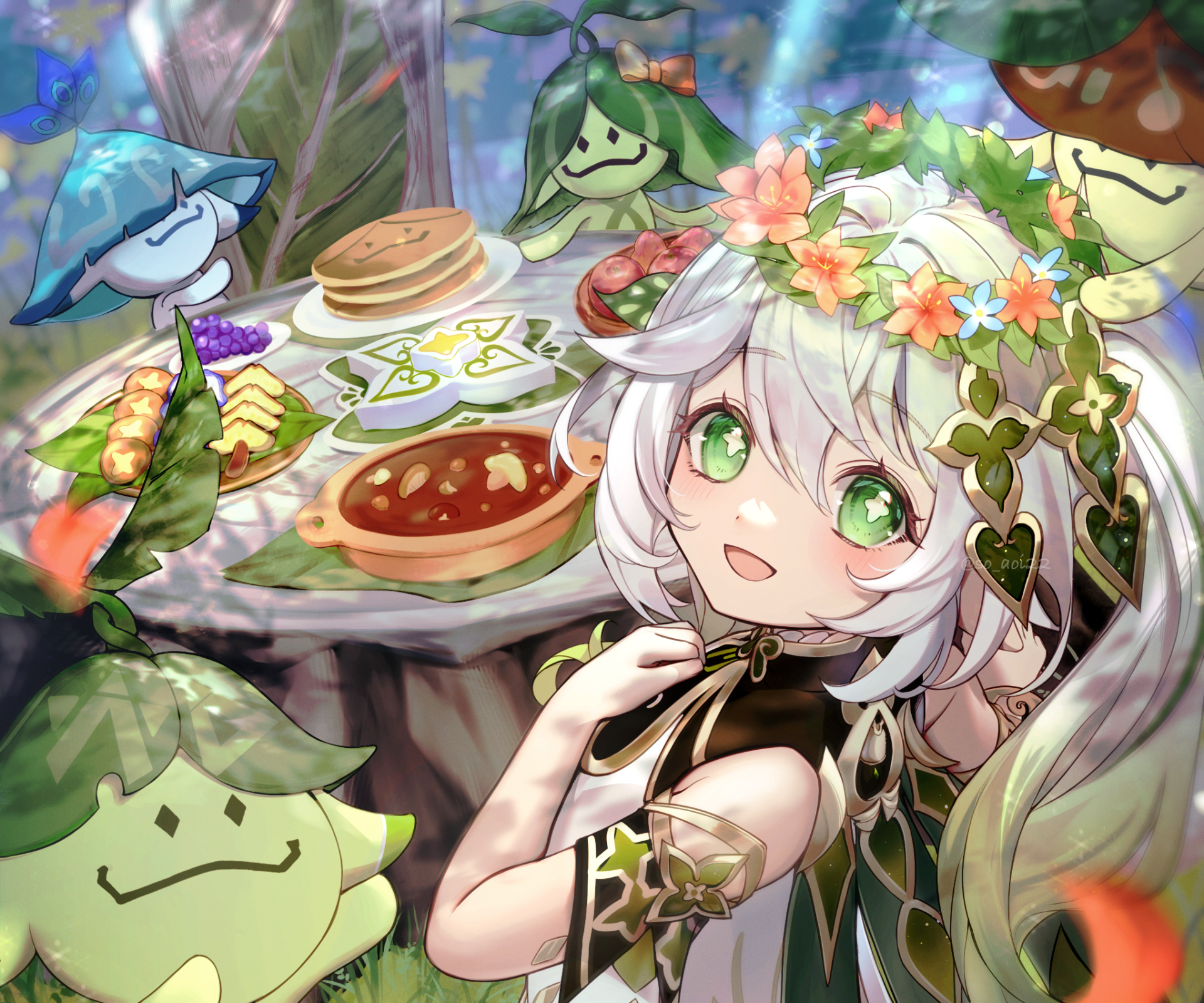 HD PC desktop wallpaper of Nahida (Genshin Impact) surrounded by Aranara at a woodland feast, wearing a floral crown with bright green eyes in a vibrant Genshin Impact video game scene.