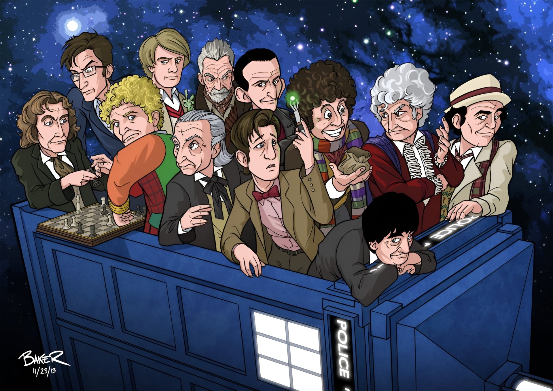 Cartoon painting of many stylized Doctors from the TV show Doctor Who (2005) crowding a blue police box under a starry sky — 2K Quad HD PC desktop wallpaper/background.