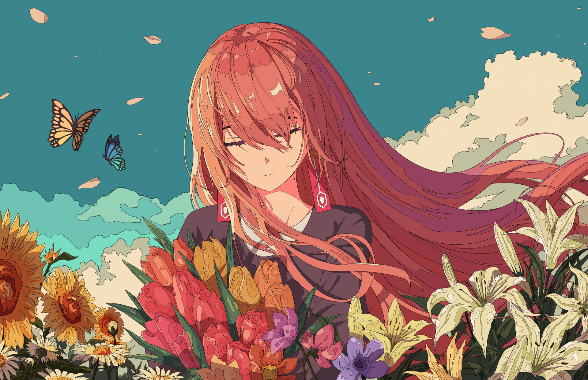 HD desktop wallpaper featuring an anime girl with red hair among vibrant flowers under a cloud-streaked sky, with butterflies fluttering nearby.