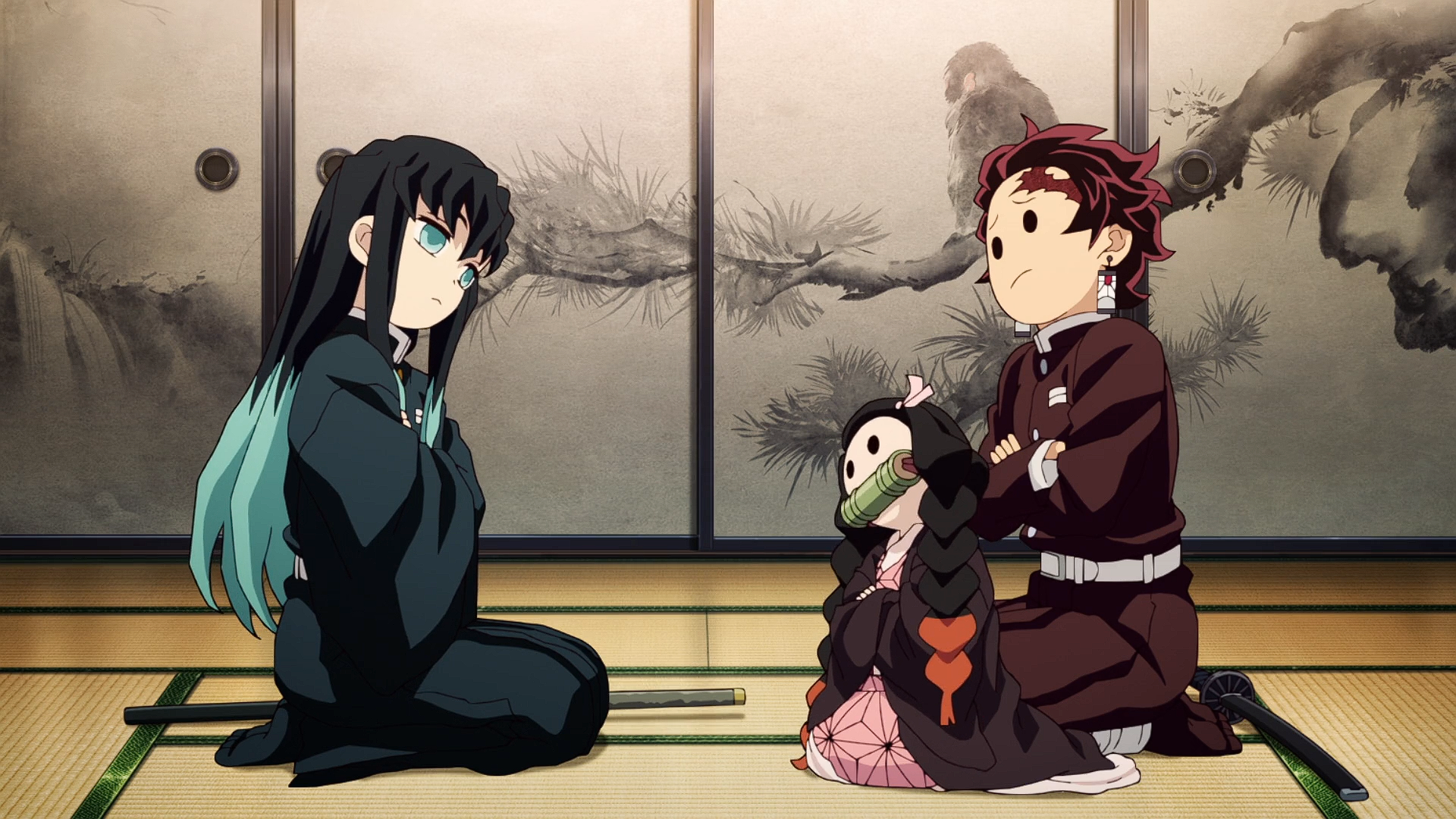 HD PC desktop wallpaper featuring Nezuko Kamado and Tanjiro Kamado from the anime Demon Slayer: Kimetsu no Yaiba seated in a traditional Japanese room.