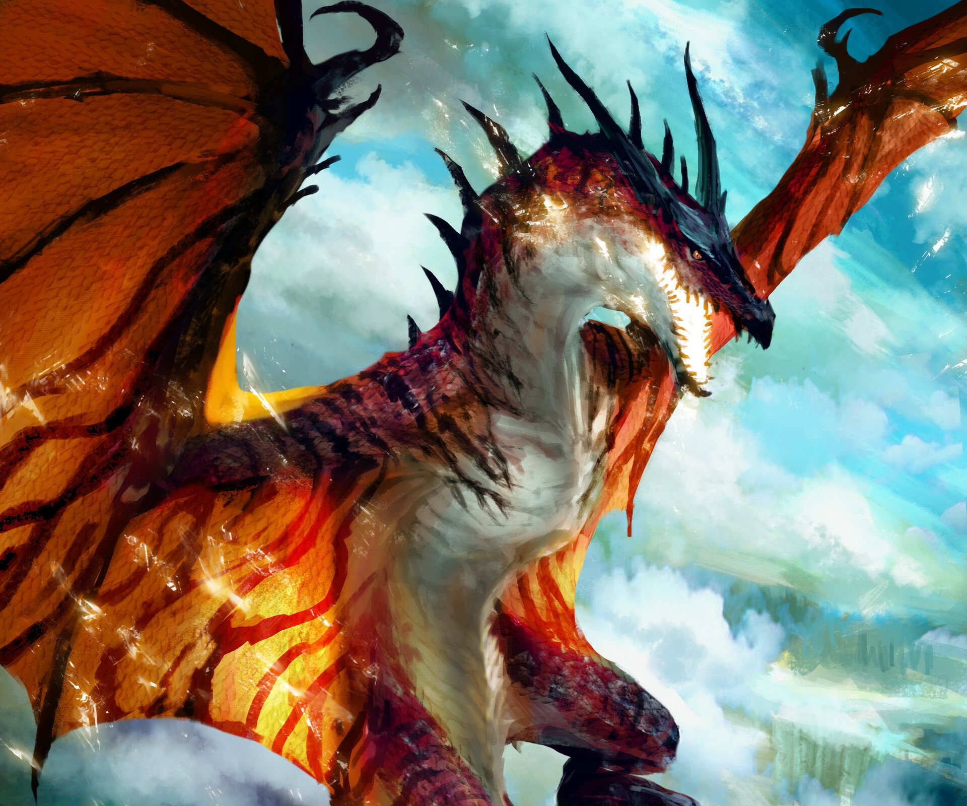 HD PC desktop wallpaper featuring a fierce fantasy creature, a fiery dragon with sharp spikes and vibrant orange wings soaring against a bright blue sky.