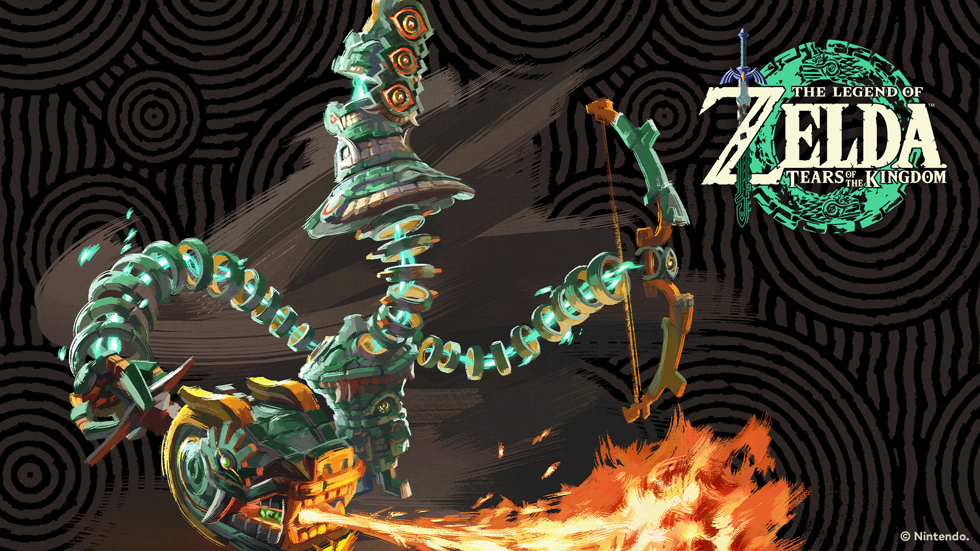 HD PC desktop wallpaper featuring a fiery mechanical creature from the video game The Legend of Zelda: Tears of the Kingdom with the game's logo on a patterned dark background.