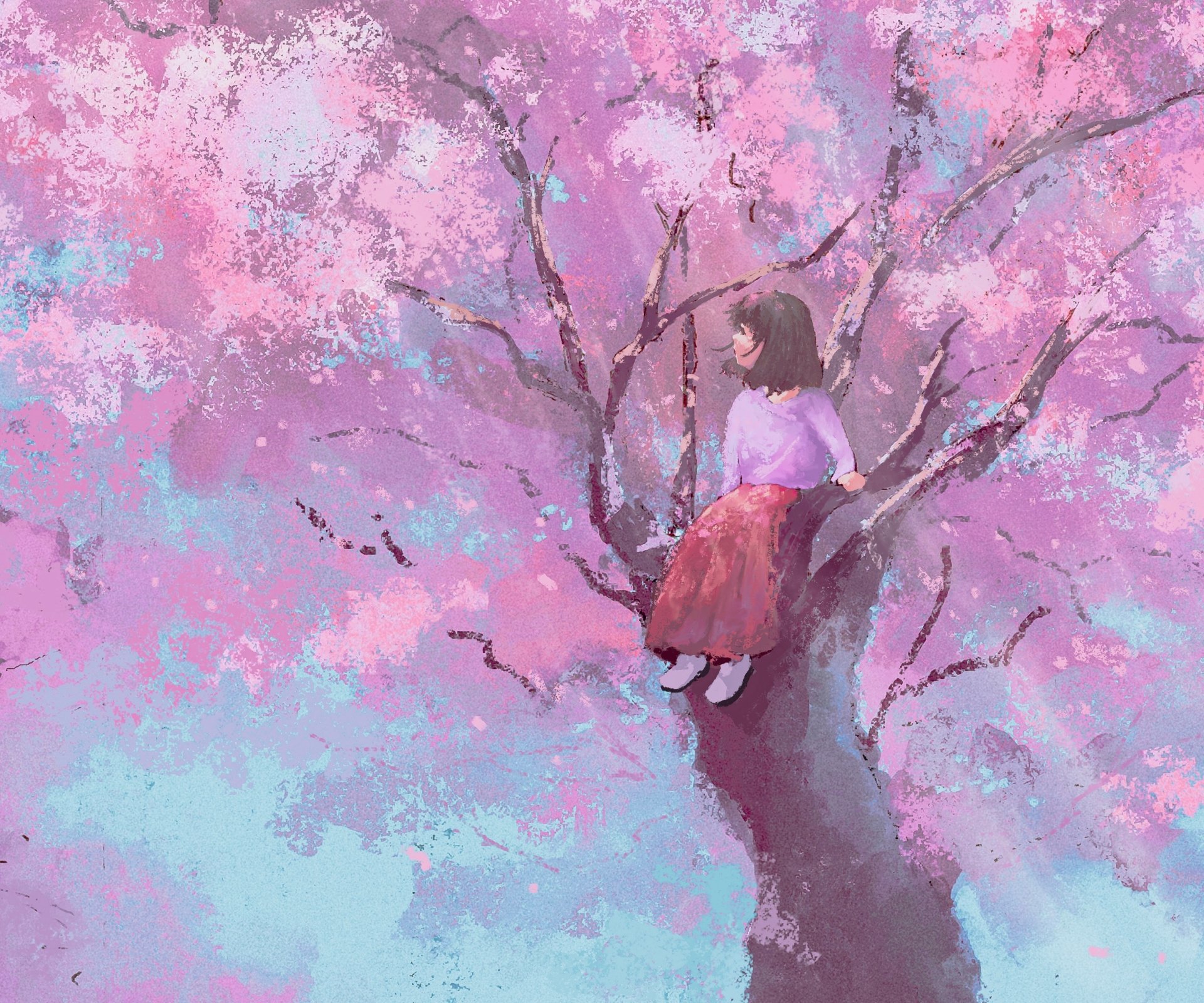 4K Ultra HD anime wallpaper of a girl sitting on a branch surrounded by vibrant pink cherry blossoms in a serene, dreamy setting.