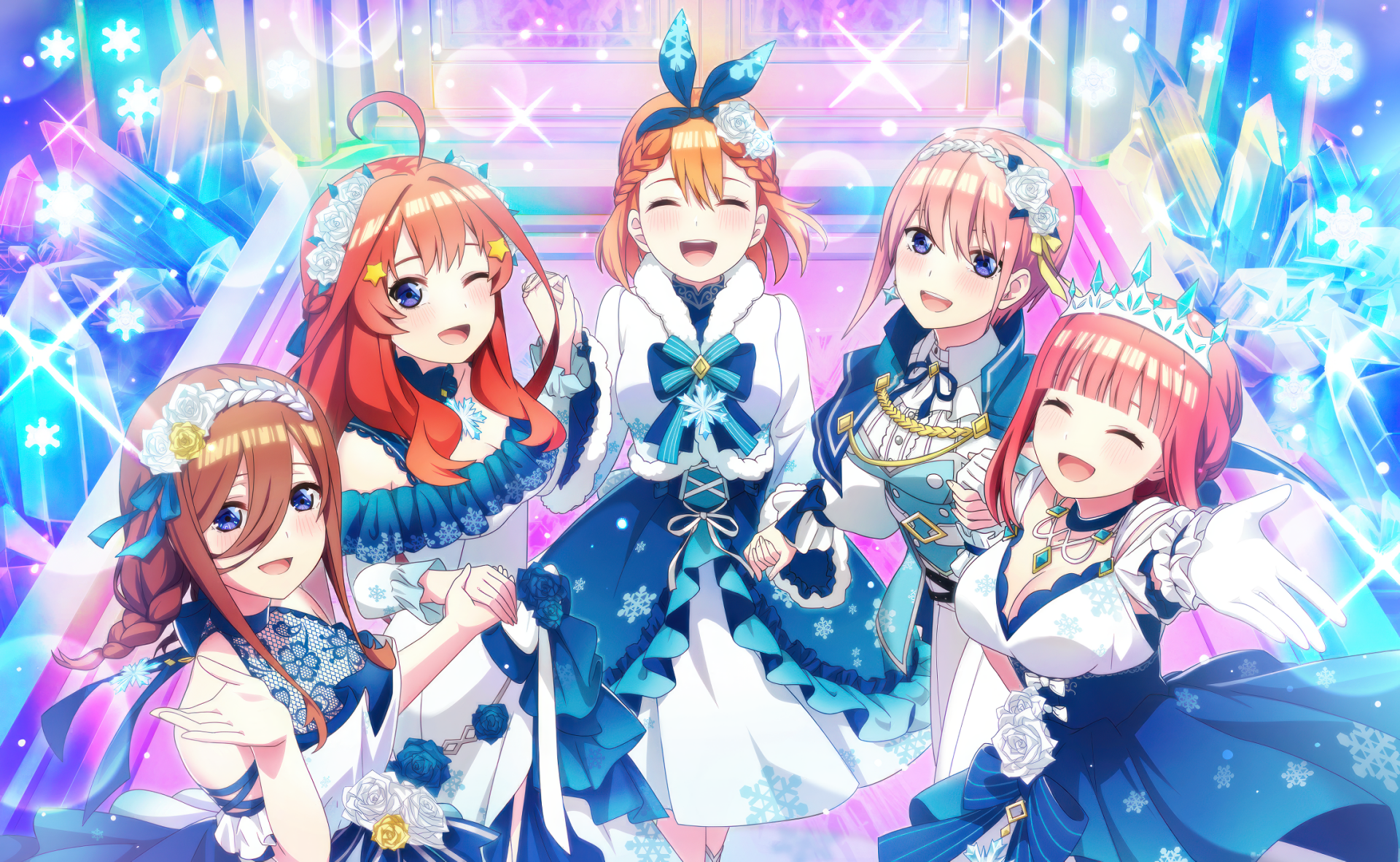 HD PC desktop wallpaper featuring Itsuki, Yotsuba, Miku, Nino, and Ichika Nakano from the anime The Quintessential Quintuplets in vibrant blue and white outfits.