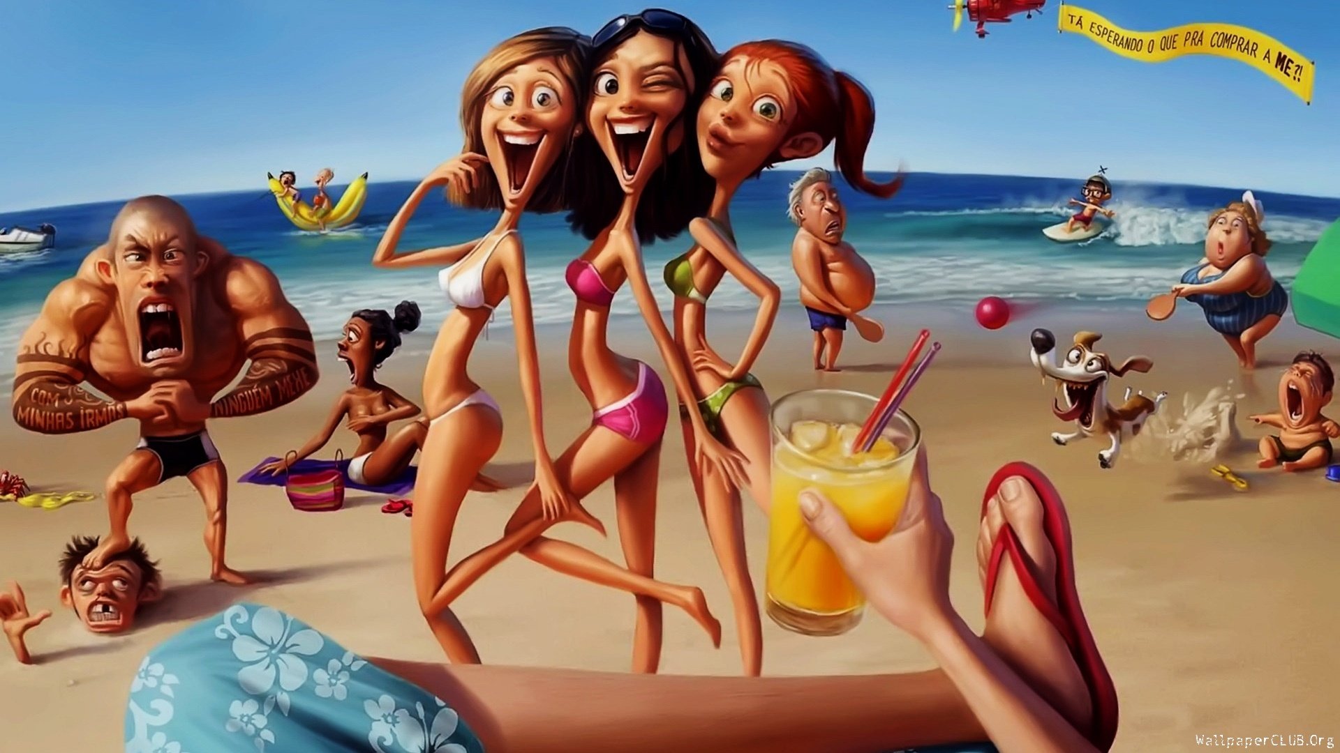 Artistic HD PC desktop wallpaper showing caricatured people at a sunny beach: three posed women in bikinis, playful crowd, drinks and comic beach activities.